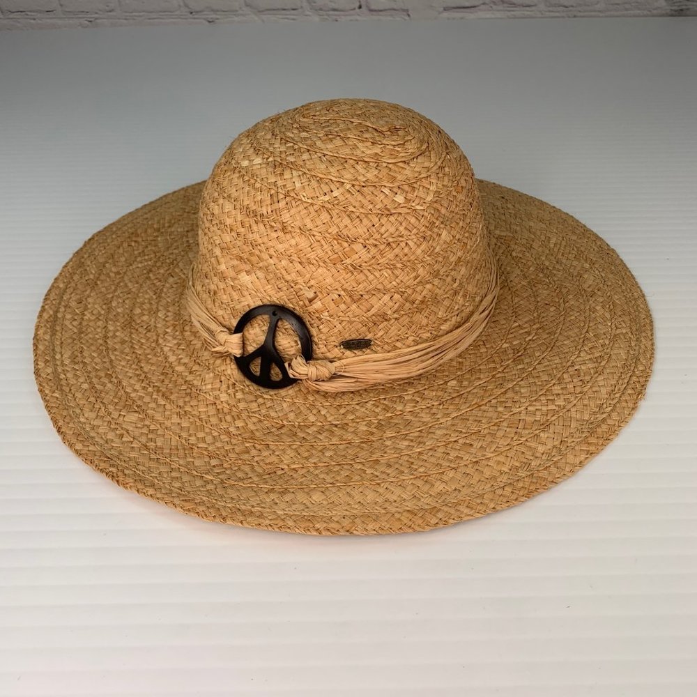 Scala Collezione Hat Women One Size Peace Sign Wide Sun Beach Resort Cruise Ex